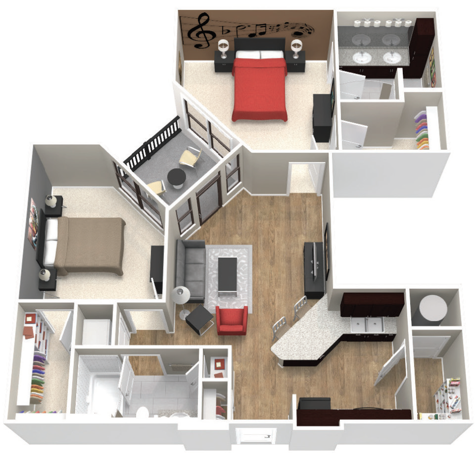 Floor plan for 2 beds, 2 baths, 1033 sqft